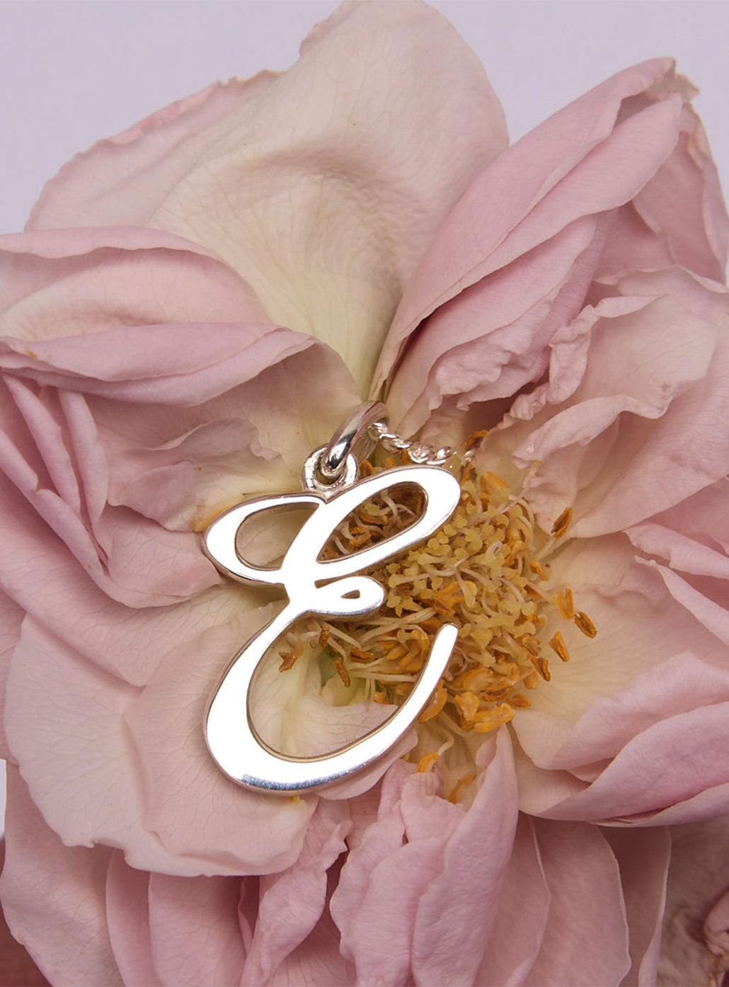 Cursive Letter Necklace 'E' in Sterling Silver. Mother's Day Gift Guide ideas.