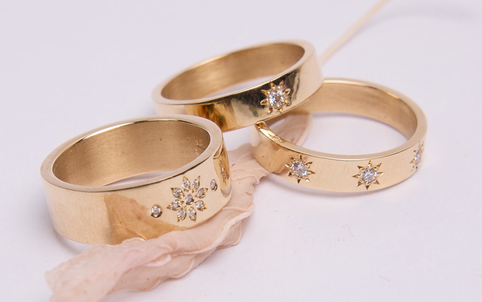 Lulu 3 Star Band, Lulu Star Band and Violet Ring in 9ct Yellow Gold with round brilliant cut White Diamonds.