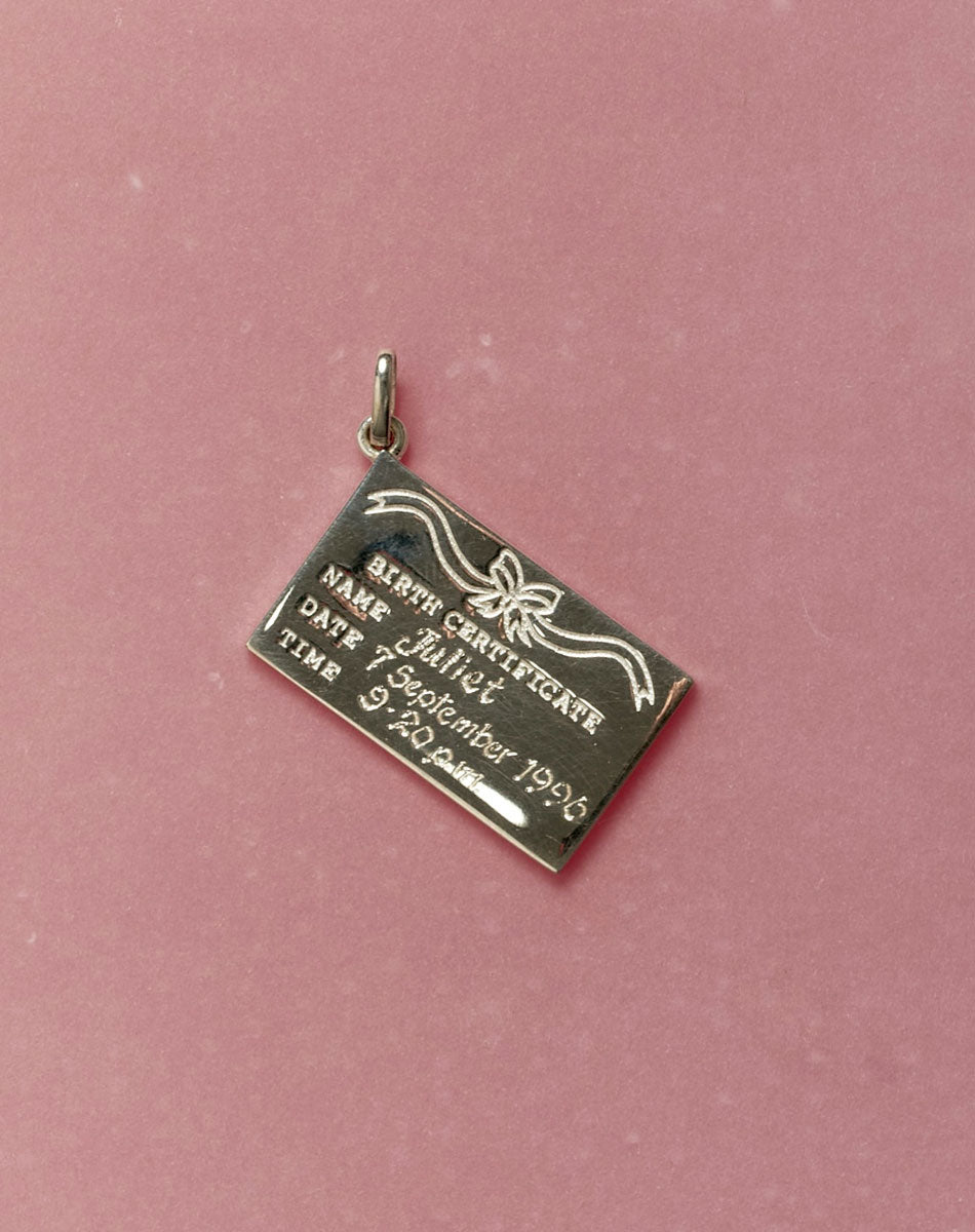 Birth Certificate Charm | Sterling Silver