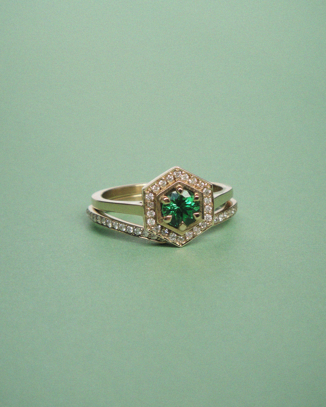 Hex Engagement Ring 0.5ct - Tsavorite Garnet with White Diamonds