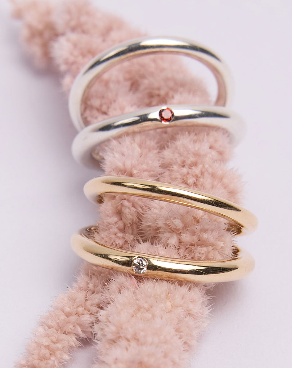 Coco Ring with double bands in 9ct Yellow Gold and Sterling Silver. Set with round brilliant white diamond. 2.3mm and 2.8mm wide bands.