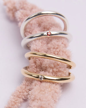 Coco Ring with double bands in 9ct Yellow Gold and Sterling Silver. Set with round brilliant white diamond. 2.3mm and 2.8mm wide bands.