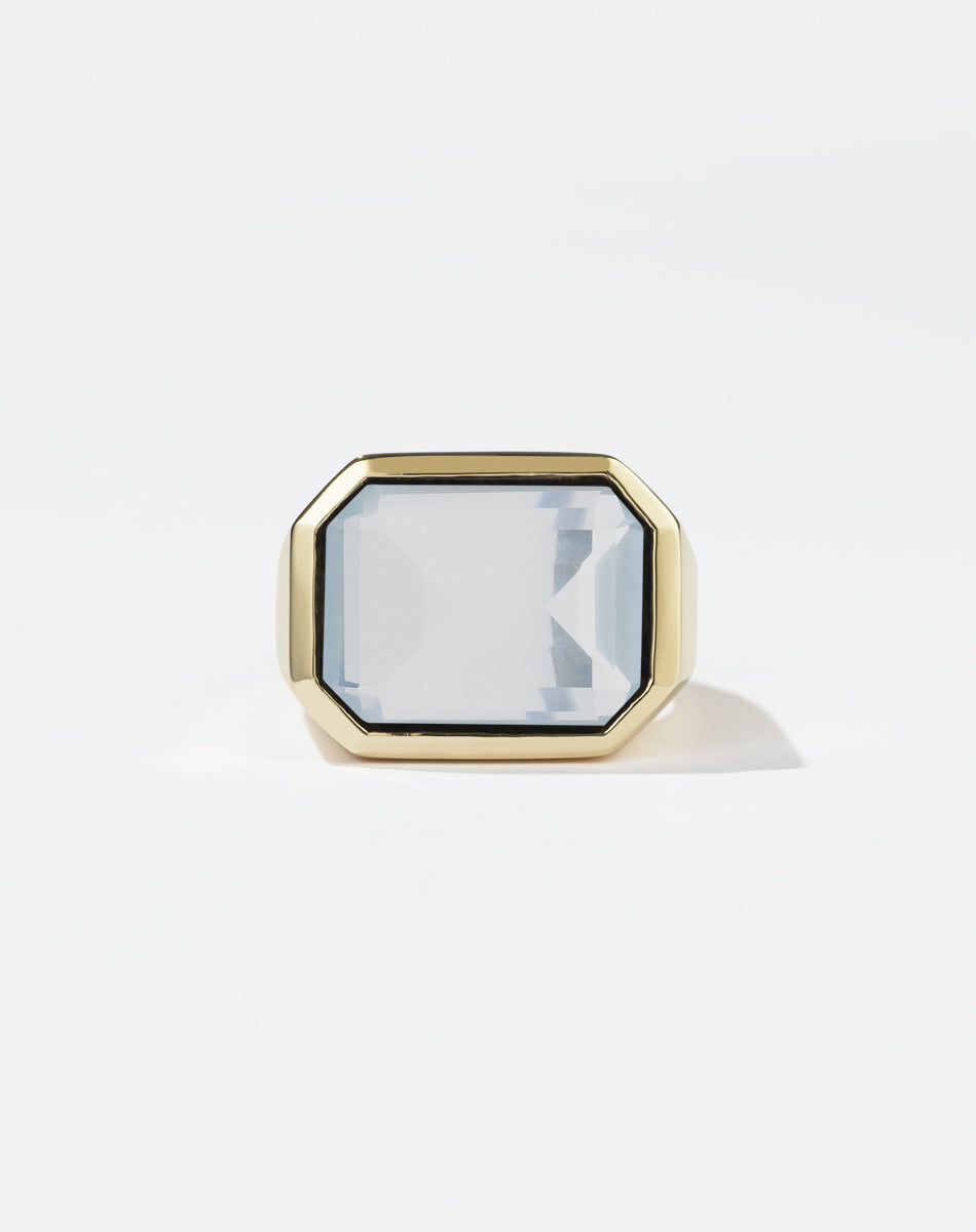 Meadowlark Jewellery's bold Limited Edition Milan Cocktail Ring in 9ct Yellow Gold, bezel set with an emerald-cut chalcedony stone. A classic and timeless design, to celebrate milestones or bring decadence to everyday. Made to order in New Zealand, at the Meadowlark workshop. A bolder version of our Milan Ring.