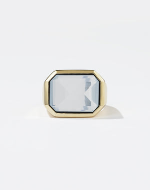 Meadowlark Jewellery's bold Limited Edition Milan Cocktail Ring in 9ct Yellow Gold, bezel set with an emerald-cut chalcedony stone. A classic and timeless design, to celebrate milestones or bring decadence to everyday. Made to order in New Zealand, at the Meadowlark workshop. A bolder version of our Milan Ring.