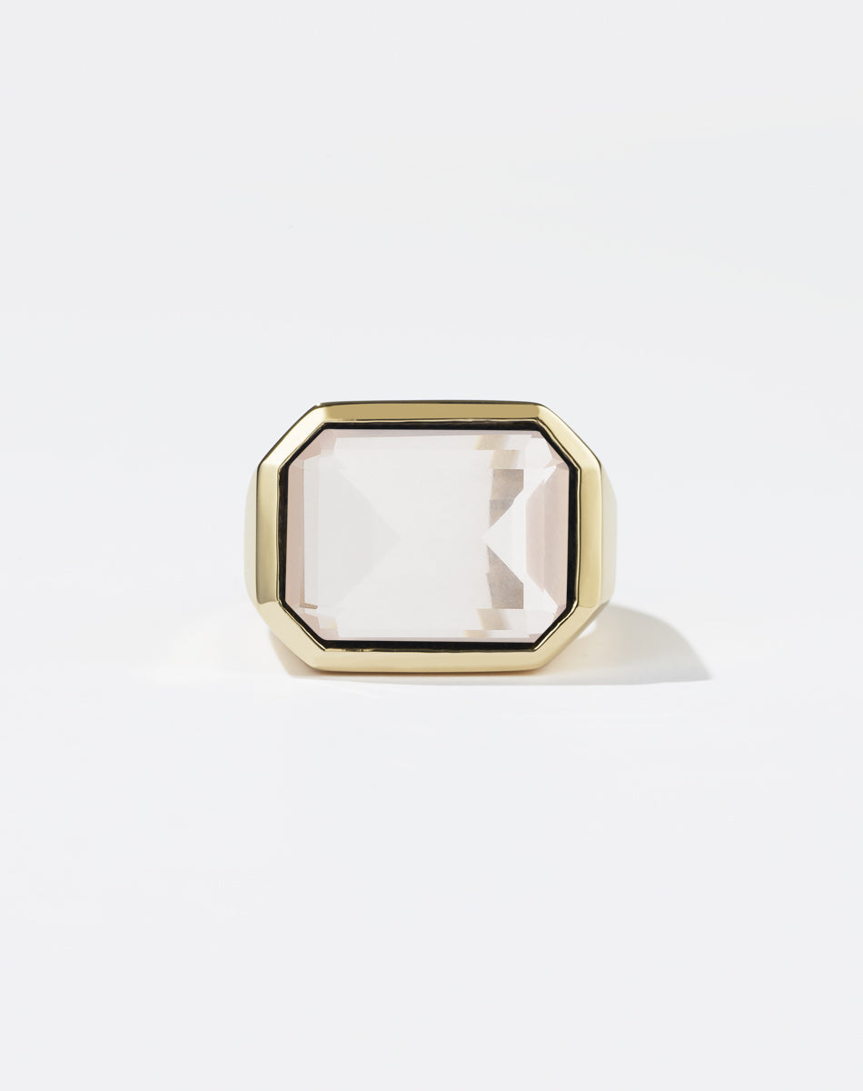 Meadowlark Jewellery's bold Limited Edition Milan Cocktail Ring in 9ct Yellow Gold, bezel set with an emerald-cut rose quartz stone. A classic and timeless design, to celebrate milestones or bring decadence to everyday. Made to order in New Zealand, at the Meadowlark workshop. A bolder version of our Milan Ring.