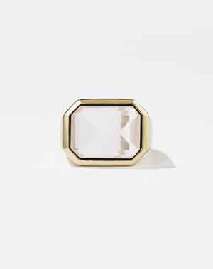 Meadowlark Jewellery's bold Limited Edition Milan Cocktail Ring in 9ct Yellow Gold, bezel set with an emerald-cut rose quartz stone. A classic and timeless design, to celebrate milestones or bring decadence to everyday. Made to order in New Zealand, at the Meadowlark workshop. A bolder version of our Milan Ring.