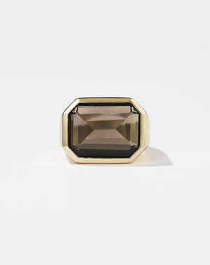 Meadowlark Jewellery's bold Limited Edition Milan Cocktail Ring in 9ct Yellow Gold, bezel set with an emerald-cut smoky quartz stone. A classic and timeless design, to celebrate milestones or bring decadence to everyday. Made to order in New Zealand, at the Meadowlark workshop. A bolder version of our Milan Ring.