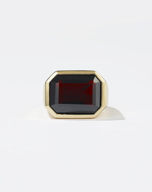 Meadowlark Jewellery's bold Limited Edition Milan Cocktail Ring in 9ct Yellow Gold, bezel set with an emerald-cut thai garnet stone. A classic and timeless design, to celebrate milestones or bring decadence to everyday. Made to order in New Zealand, at the Meadowlark workshop. A bolder version of our Milan Ring.