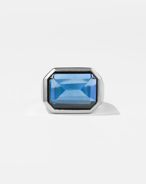 Meadowlark Jewellery's bold Limited Edition Milan Cocktail Ring in Sterling Silver, bezel set with an emerald-cut blue topaz stone. A classic and timeless design, to celebrate milestones or bring decadence to everyday. Made to order in New Zealand, at the Meadowlark workshop. A bolder version of our Milan Ring.