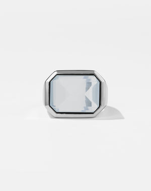 Meadowlark Jewellery's bold Limited Edition Milan Cocktail Ring in Sterling Silver, bezel set with an emerald-cut chalcedony stone. A classic and timeless design, to celebrate milestones or bring decadence to everyday. Made to order in New Zealand, at the Meadowlark workshop. A bolder version of our Milan Ring.