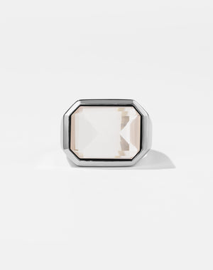 Meadowlark Jewellery's bold Limited Edition Milan Cocktail Ring in Sterling Silver, bezel set with an emerald-cut rose quartz stone. A classic and timeless design, to celebrate milestones or bring decadence to everyday. Made to order in New Zealand, at the Meadowlark workshop. A bolder version of our Milan Ring.