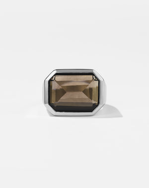 Meadowlark Jewellery's bold Limited Edition Milan Cocktail Ring in Sterling Silver, bezel set with an emerald-cut smoky quartz stone. A classic and timeless design, to celebrate milestones or bring decadence to everyday. Made to order in New Zealand, at the Meadowlark workshop. A bolder version of our Milan Ring.