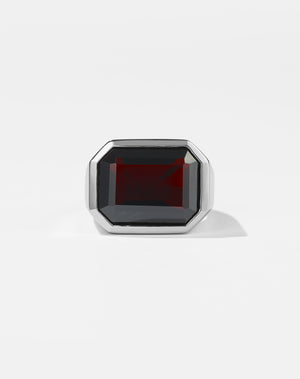 Meadowlark Jewellery's bold Limited Edition Milan Cocktail Ring in Sterling Silver, bezel set with an emerald-cut Thai Garnet stone. A classic and timeless design, to celebrate milestones or bring decadence to everyday. Made to order in New Zealand, at the Meadowlark workshop. A bolder version of our Milan Ring.