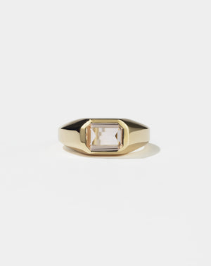 Meadowlark Jewellery's bold Limited Edition Milan Ring in 9ct Yellow Gold, bezel set with an emerald-cut morganite stone. A classic and timeless design, perfect as a wedding band or a minimalist piece for everyday. Made to order in New Zealand, at the Meadowlark workshop.