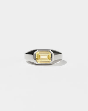 Meadowlark Jewellery's bold Limited Edition Milan Ring in Sterling Silver, bezel set with an emerald-cut citrine stone. A classic and timeless design, perfect as a wedding band or a minimalist piece for everyday. Made to order in New Zealand, at the Meadowlark workshop.
