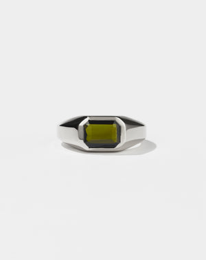 Meadowlark Jewellery's bold Limited Edition Milan Ring in Sterling Silver, bezel set with an emerald-cut green tourmaline stone. A classic and timeless design, perfect as a wedding band or a minimalist piece for everyday. Made to order in New Zealand, at the Meadowlark workshop.