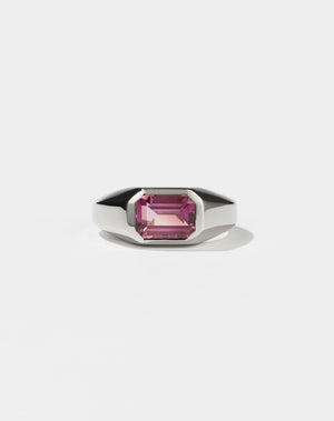 Meadowlark Jewellery's bold Limited Edition Milan Ring in Sterling Silver, bezel set with an emerald-cut pink tourmaline stone. A classic and timeless design, perfect as a wedding band or a minimalist piece for everyday. Made to order in New Zealand, at the Meadowlark workshop.