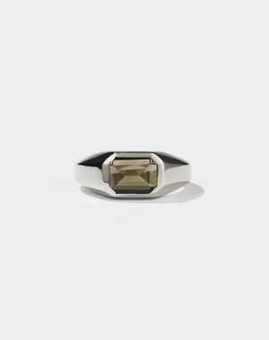 Meadowlark Jewellery's bold Limited Edition Milan Ring in Sterling Silver, bezel set with an emerald-cut smokey quartz stone. A classic and timeless design, perfect as a wedding band or a minimalist piece for everyday. Made to order in New Zealand, at the Meadowlark workshop.