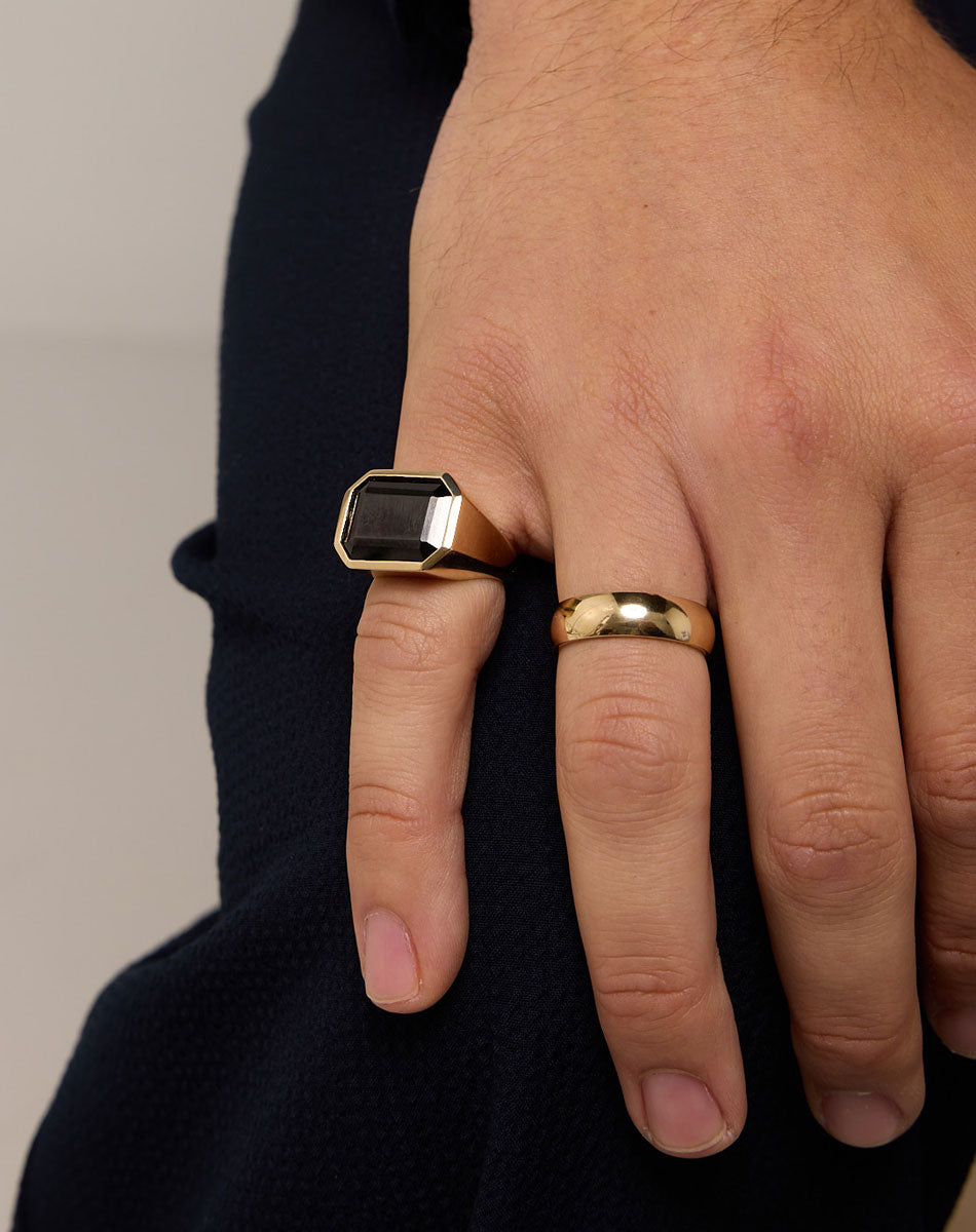 Meadowlark Jewellery's bold Limited Edition Milan Cocktail Ring in 9ct Yellow Gold, bezel set with an emerald-cut chalcedony stone. A classic and timeless design, to celebrate milestones or bring decadence to everyday. Made to order in New Zealand, at the Meadowlark workshop. A bolder version of our Milan Ring.