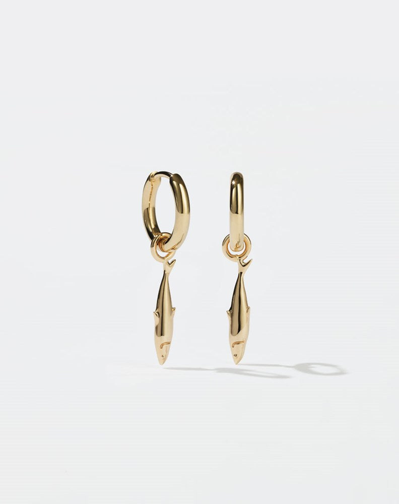 Gold hoop earrings with sardine charms