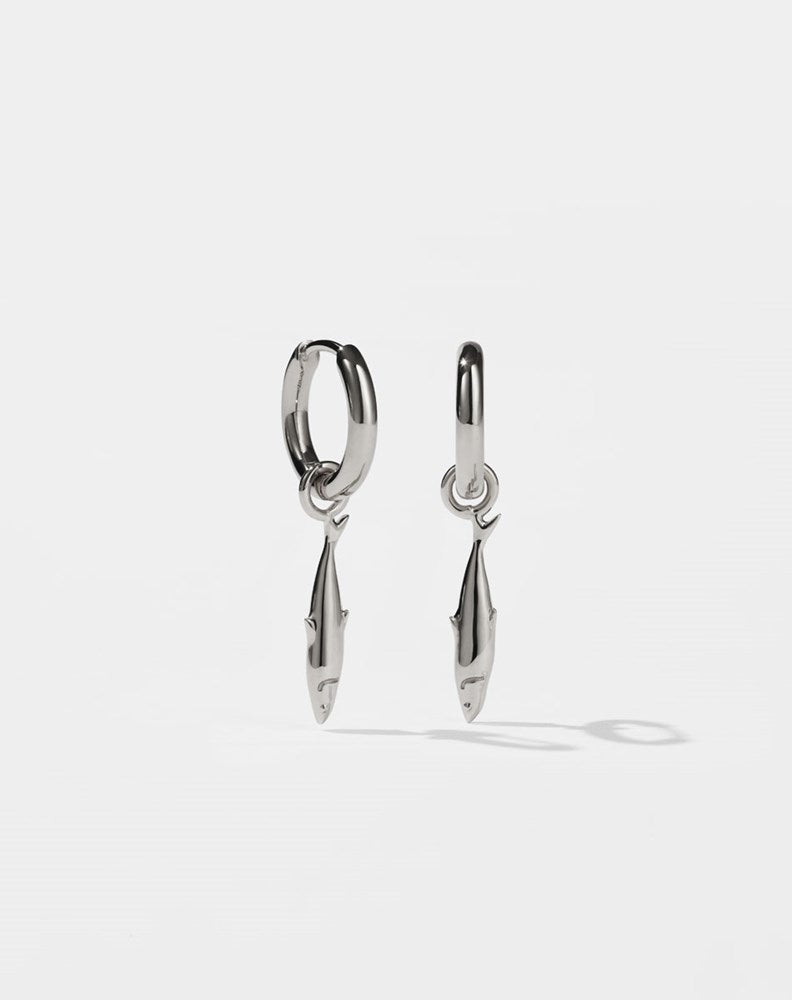 Silver hoop earrings with sardine charms