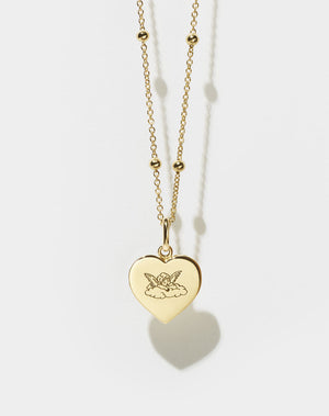 Sweetheart Charm with Cherub Engraving on Ball Chain | 9ct Solid Gold