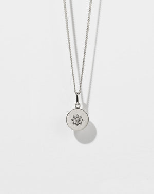 Violet Necklace with floral engraving in Sterling Silver. Set with White Diamond. 11m diameter pendant. 40cm or 45cm diamond curb chain.