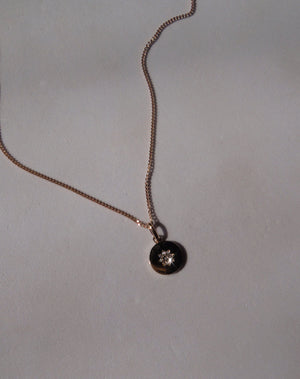 Violet Necklace with floral engraving in 9ct Yellow Gold. Set with White Diamond. 11m diameter pendant. 40cm or 45cm diamond curb chain.