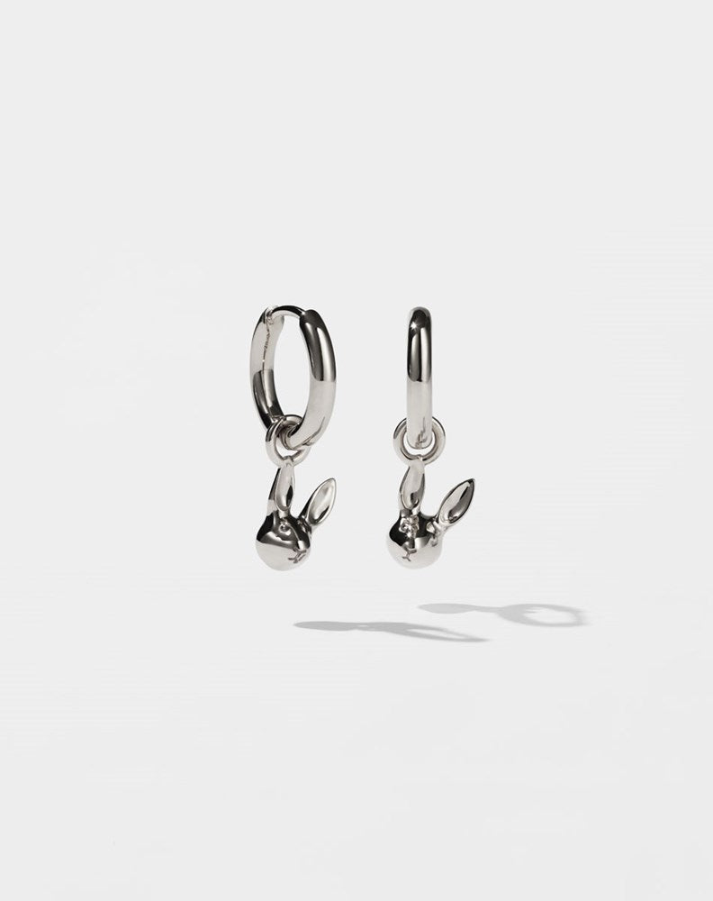 Silver bunny rabbit charm hoop earrings
