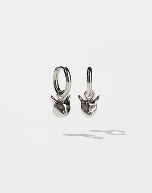 Silver hoop earrings with small cat head charms