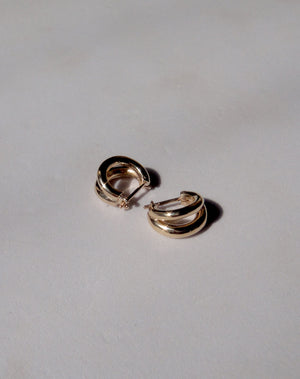 Coco Hoops Small Earrings in 23k Gold Plated or 9ct Yellow Gold, featuring a double hoop and lever or clicker back earring closure. Inner diameter approximately 7.5mm.