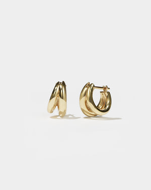 Coco Hoops Small Earrings in 23k Gold Plated or 9ct Yellow Gold, featuring a double hoop and lever or clicker back earring closure. Inner diameter approximately 7.5mm.
