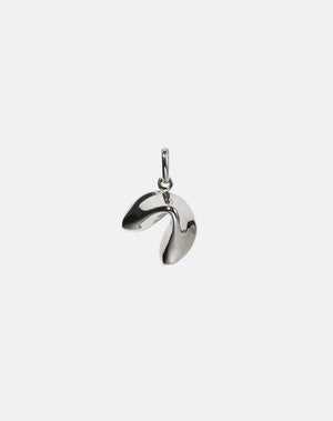 Silver fortune cookie pendant on a white background
