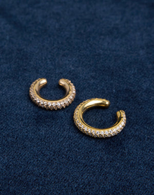 Halo Ear Cuff Triple Pave Small and Medium in 9ct Yellow Gold with round brilliant cut, pave set white diamonds.