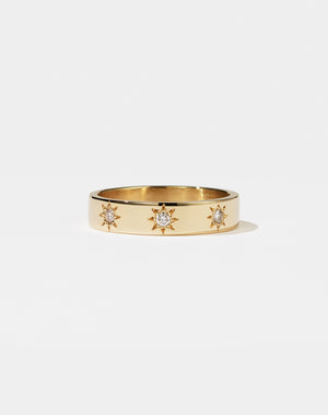 Lulu 3 Star Band in 9ct Yellow Gold with star set round brilliant cut White Diamond. 4.5mm width wedding band.