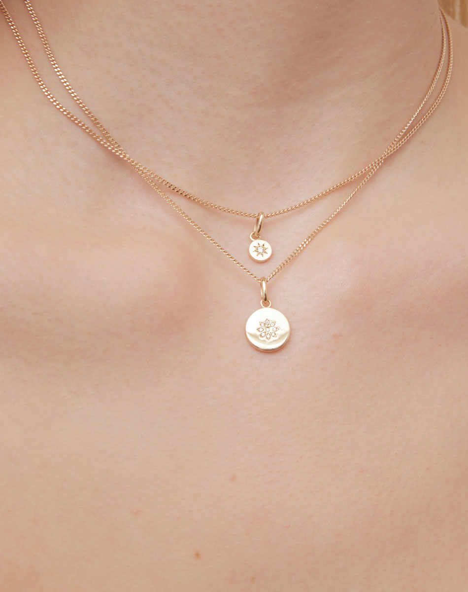 Lulu & Violet Necklace in 23k Gold Plated or 9ct Yellow with star set White Diamond. 6mm diameter pendant on 40cm or 45cm diamond curb chain. Worn on model.
