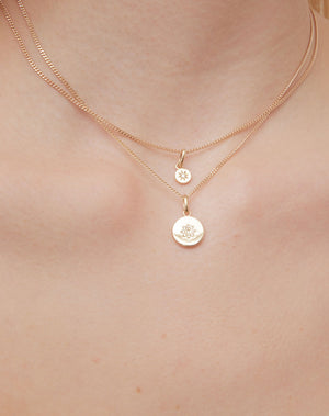 Lulu & Violet Necklace in 23k Gold Plated or 9ct Yellow with star set White Diamond. 6mm diameter pendant on 40cm or 45cm diamond curb chain. Worn on model.
