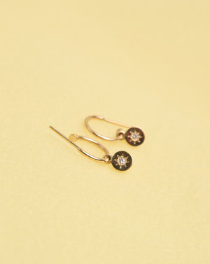 Lulu Signature Hoop Earrings in 23k Gold Plated or 9ct Yellow with star set White Diamond. 6mm in diameter.