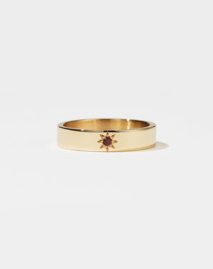 Lulu Star Band in 9ct Yellow Gold with star set round brilliant cut African Garnet. 4.5mm width wedding band.
