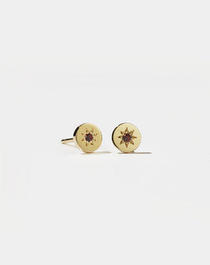 Lulu Stud Earrings in 23k Gold Plated or 9ct Yellow Gold with star set African Garnet. 6mm in diameter.