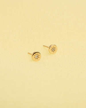 Lulu Stud Earrings in 23k Gold Plated or 9ct Yellow Gold with star set White Diamond. 6mm in diameter.