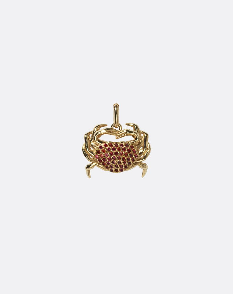 Gold crab-shaped charm pendant with red Sapphires
