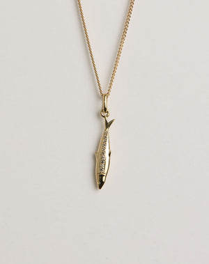 Gold necklace with a sardine pendant set with diamonds 