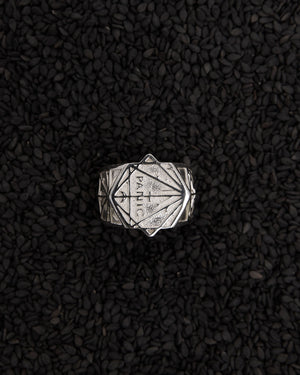 Silver ring with geometric design and the word panic. In collaboration with artist Andrew Mcleod