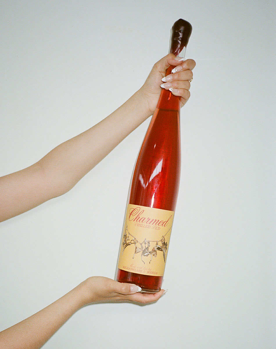 Magnum bottle of 'Charmed' chilled red wine held by a hand against a plain background