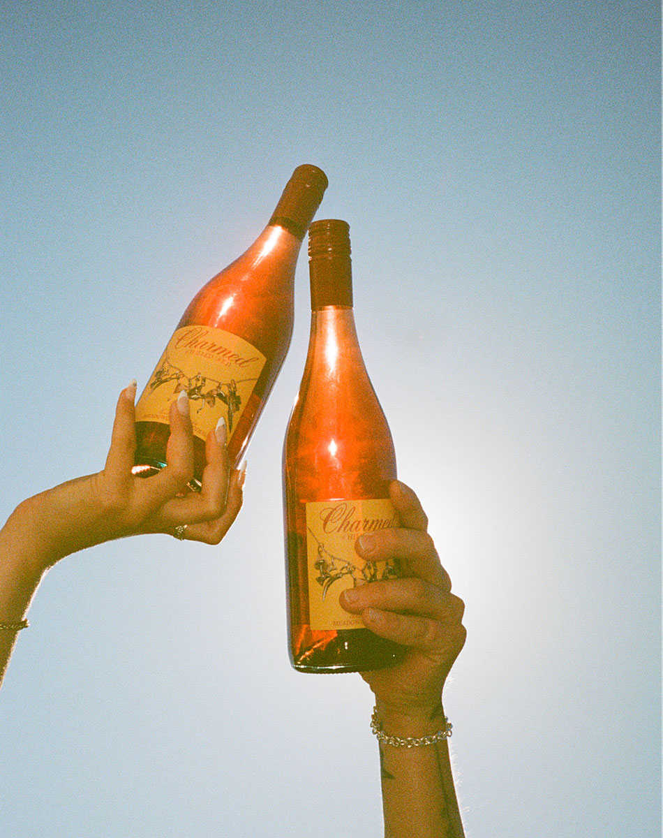 Two hands holding two bottles of chilled red wine against a clear blue sky.