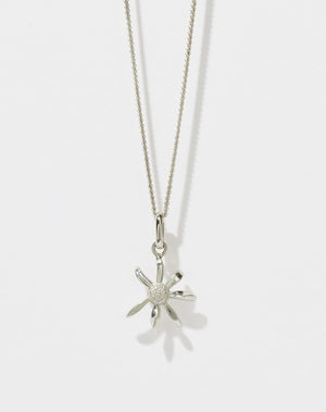A sterling silver necklace featuring a daisy charm suspended on a fine chain.