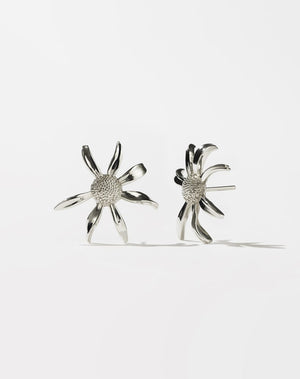 A pair of sterling silver daisy earrings with a bold stud design.