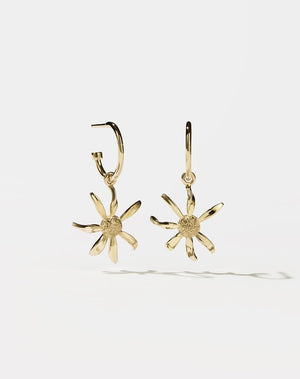 A pair of gold-plated hoop earrings with daisy charms attached