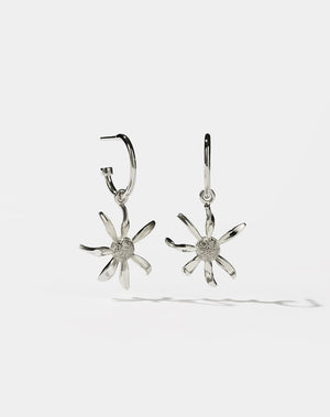 A pair of sterling silver hoop earrings with daisy charms attached
